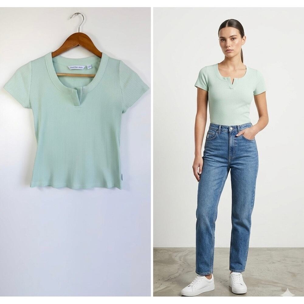 Calvin Klein Jeans Mint Green Ribbed Notch Neck Top Y2K Baby Tee - Size XS